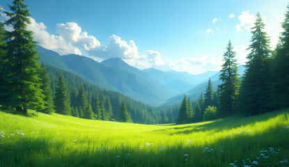 Sunny Mountain Valley with Lush Green Meadows and Pine Trees