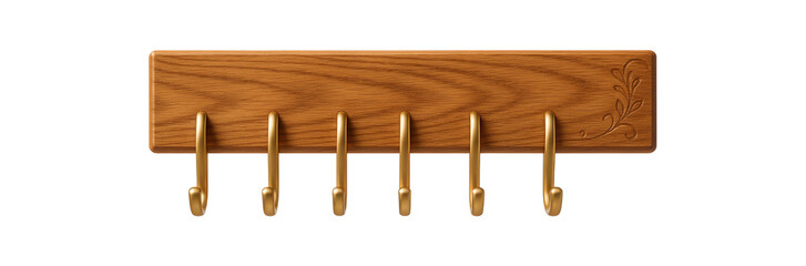 Solid oak belt rack with engraved details, providing a personalized touch in a traditional home setting.