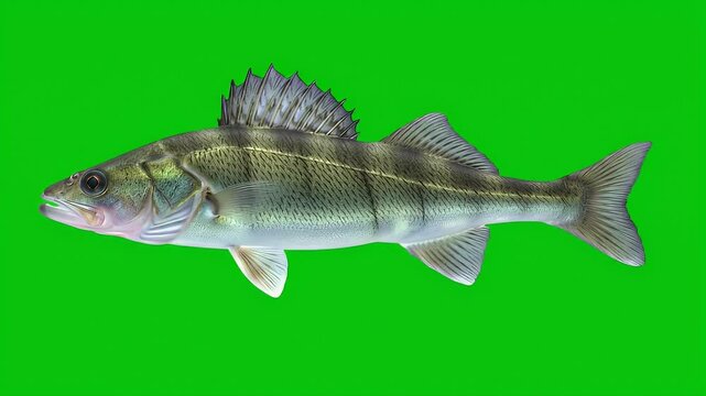 Profile View of a Freshwater Walleye or Zander Fish Isolated on a Vibrant Green Screen Background for Easy Compositing and Graphic Design