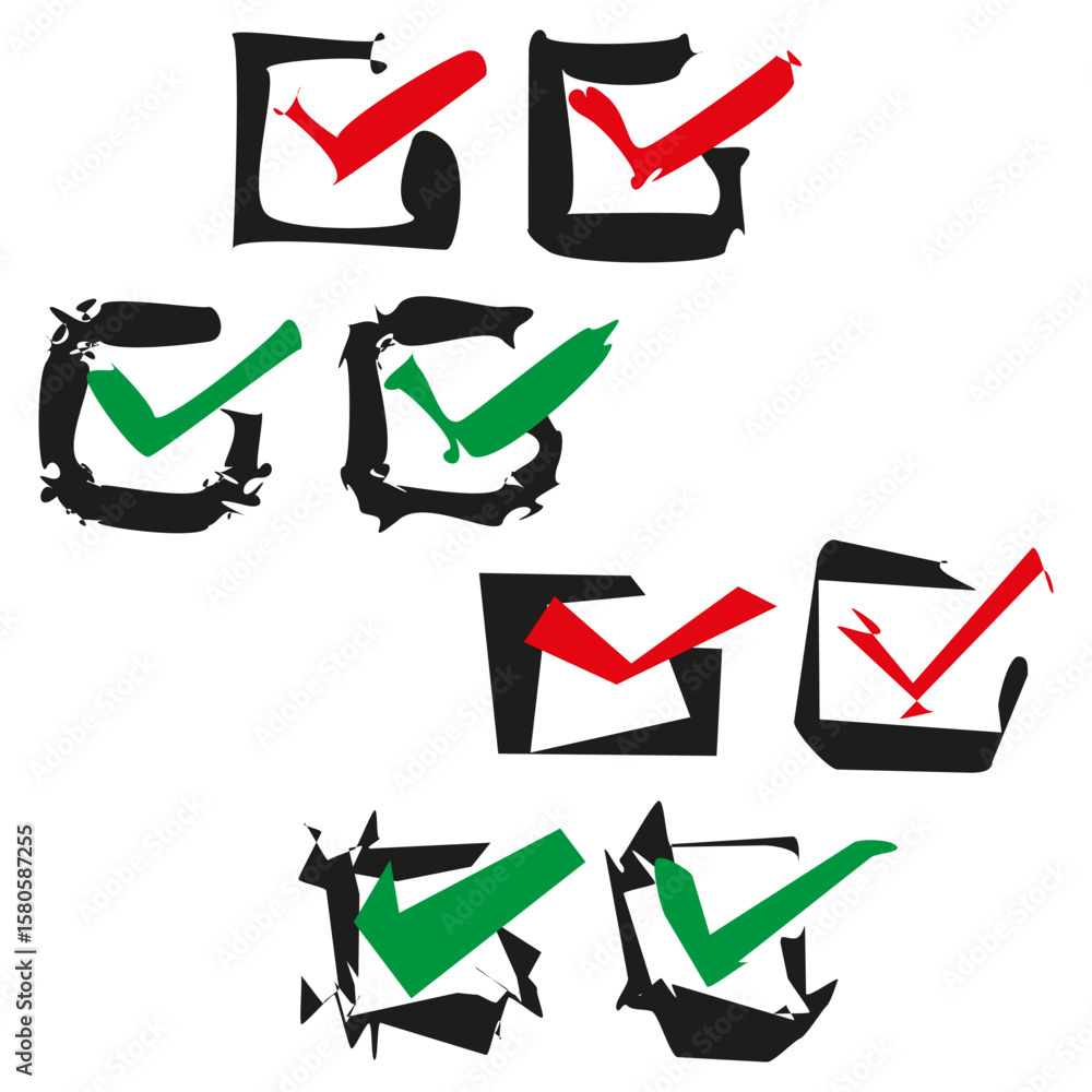 Poster grunge checkbox icons. distressed checkmarks. red green choices. vector rough texture.