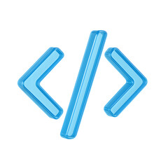 3D blue code symbol icon with glossy translucent angle brackets, isolated on transparent background
