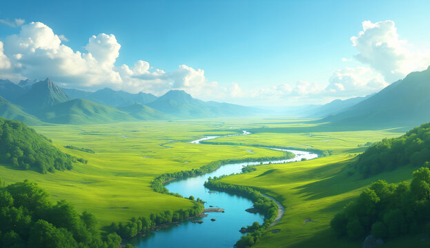Winding River Through Lush Green Valley with Distant Mountains