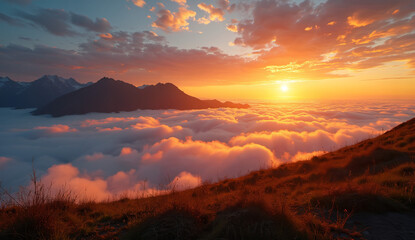Naklejka premium Sunset Over a Sea of Clouds with Mountain Silhouettes