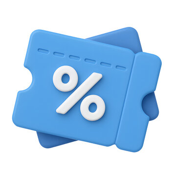 3D blue discount voucher icon with white percent symbol on coupon ticket isolated on transparent background