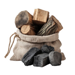 Logs and coal in a bag on transparent Background