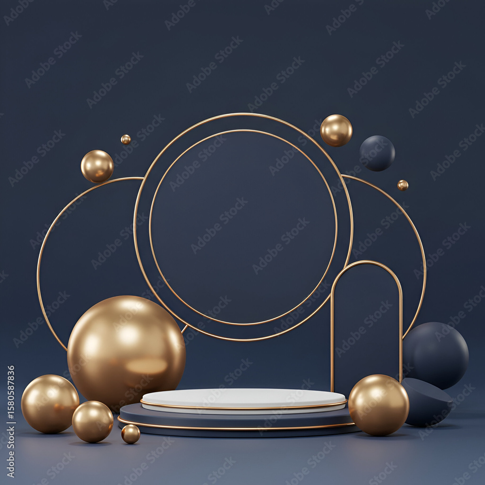 Poster abstract geometric display with gold and navy accents. empty podium with floating spheres and rings.