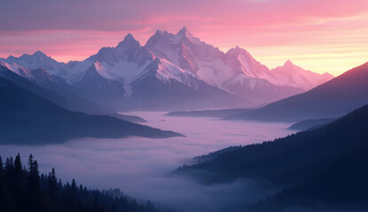 Dawn Over Snow-Capped Mountains with Foggy Valley