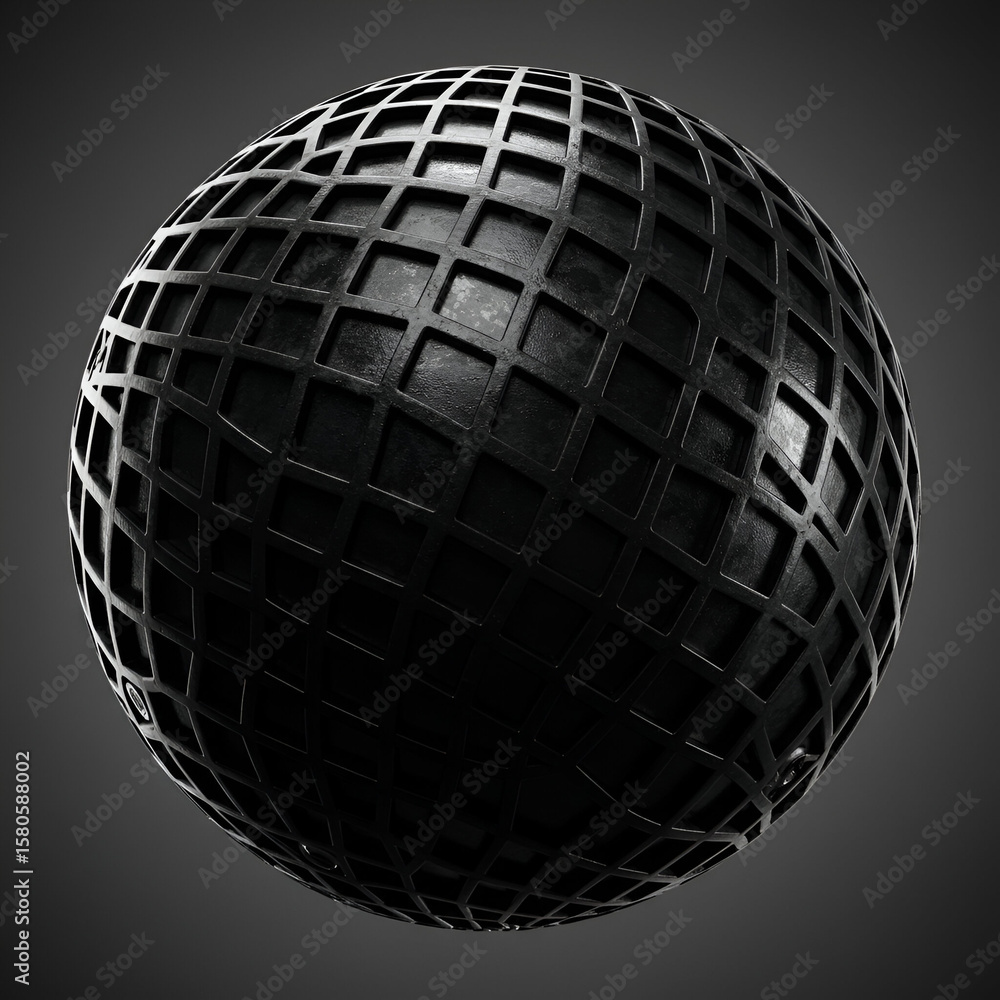 Poster 3d model of a dark gray sphere with a grid pattern against a neutral backdrop. abstract geometric sp