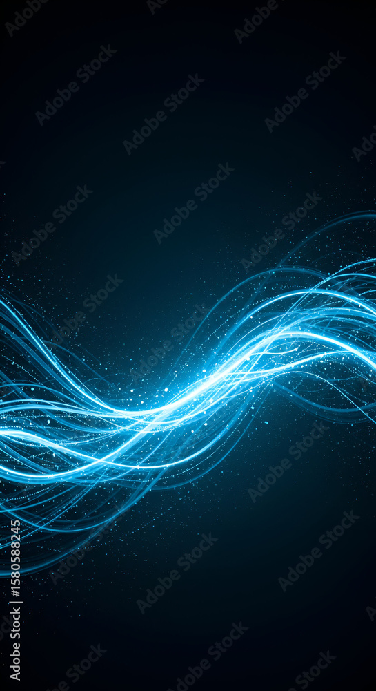 Poster abstract light trails with glowing lines and scattered particles in a dark background. abstract desi