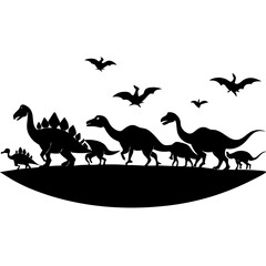 Group of various dinosaurs walking together silhouette vector illustration