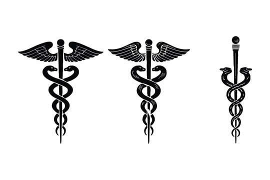 caduceus and rod of asclepius medical symbol silhouette icons in black