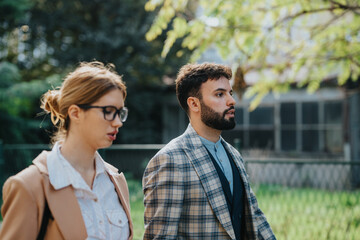 Obraz premium Business people walking together in an outdoor setting, showcasing collaboration and discussion during a sunny day. Their attire highlights a formal, business environment.