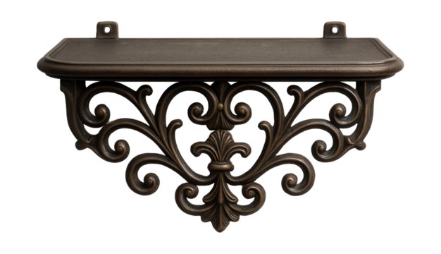 Vintage-style cast iron shelf with intricate designs, acting as both a decorative piece and functional storage in a bathroom.