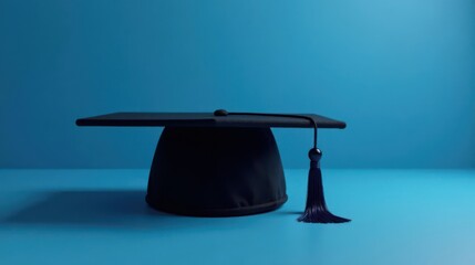 A solitary academic cap rests on a vibrant blue surface, symbolizing the culmination of educational pursuits and the anticipation of future endeavors.