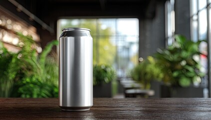 Blank aluminum can on a wooden bar