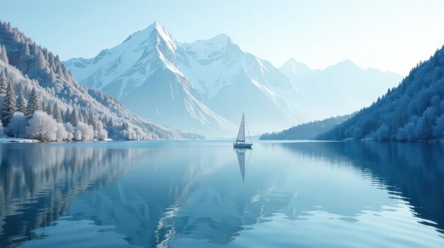 Serene sailboat gliding on a tranquil winter lake, surrounded by snow-covered mountains and frosted forests, reflecting the pristine beauty of nature.