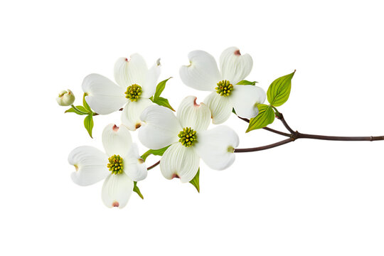 Four white dogwood flowers and a bud on a branch isolated on transparent background