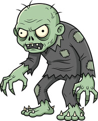 Creepy cartoon zombie character with green skin, scary face, torn clothes, long claws, Halloween illustration, isolated on white background