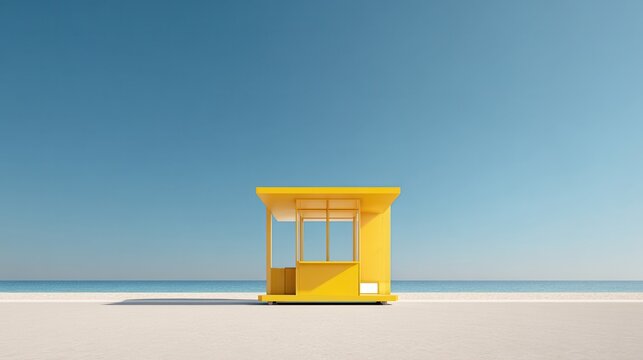 A bright yellow booth on a sandy beach under clear blue sky