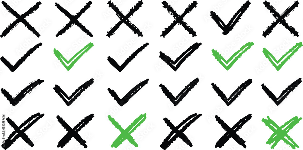 Poster tick and cross icon set with check marks and symbols for checklist and voting design