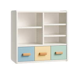 A modular shelving system with interchangeable drawers, perfect for a child's room, allowing flexibility to store toys and books as needed.