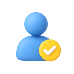3D blue person icon with yellow check mark symbol showing verified user status isolated on transparent background
