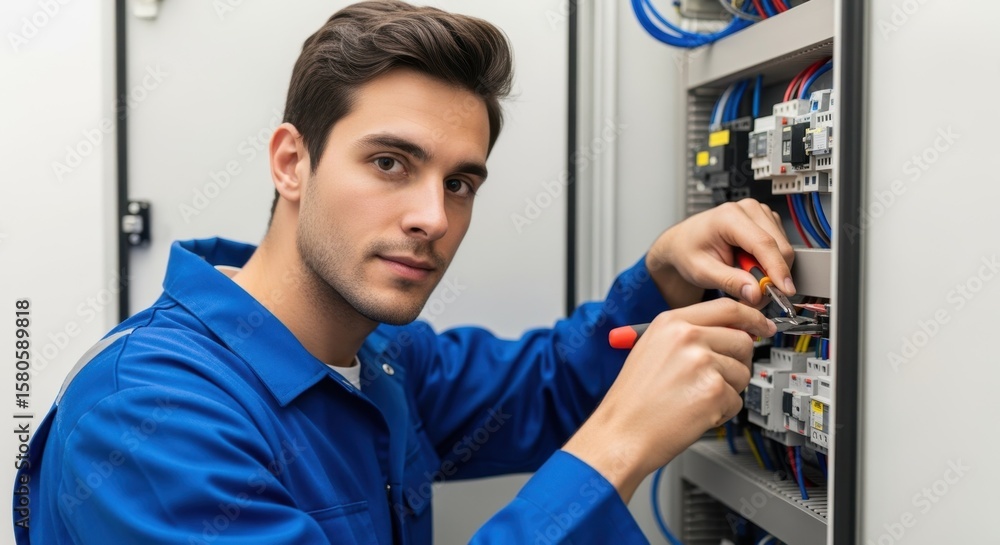 Poster young technician looking confidently at camera while fixing electrical components in a utility box.