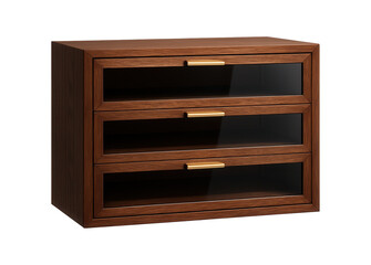 A glass-fronted chest of drawers with an elegant design, perfect for displaying decorative items in a living room.