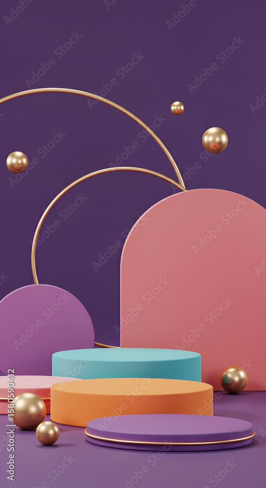 Poster abstract geometric display with color-coordinated platforms and golden accents. multi-tiered display