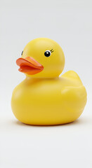 Yellow rubber duck toy in a simple studio setting. Isolated, childlike toy positioned for product display. Generic toy. Use for children's product advertising or editorial.