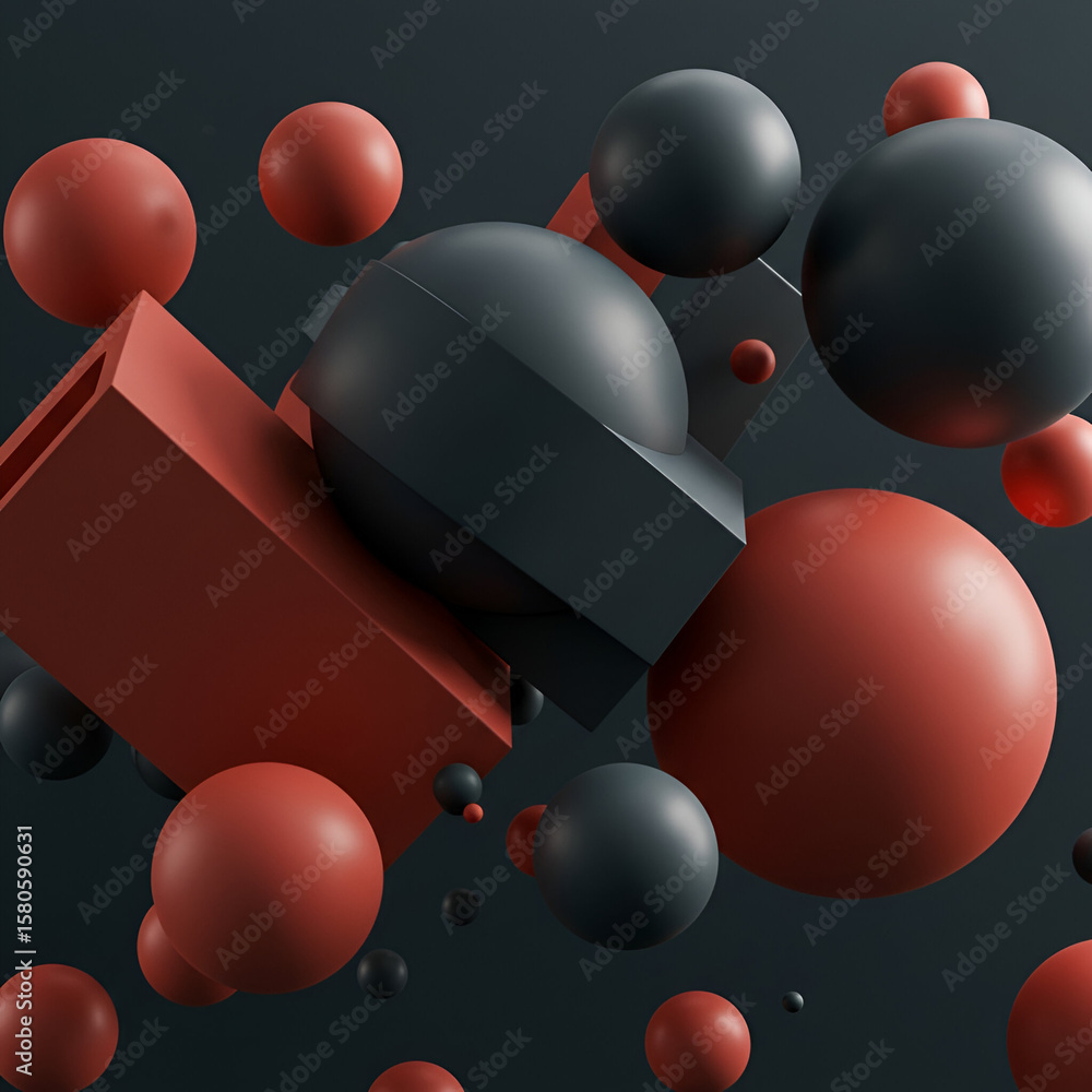 Aufkleber abstract geometric shapes with red and dark gray colors in a dark background. floating forms in a mo