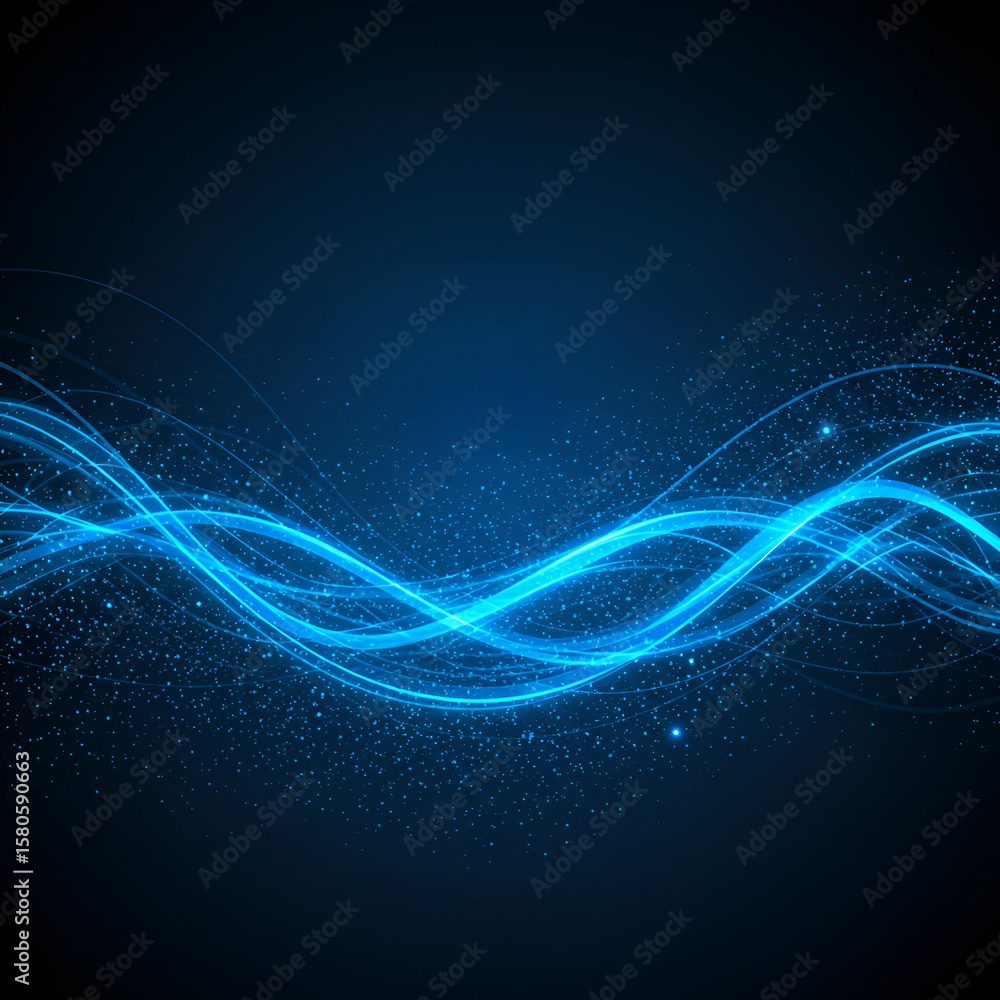 Poster abstract glowing blue wavy lines on a dark background. dynamic energy lines with shimmering particle
