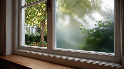 A serene view through a frosted window, showcasing lush greenery and vibrant flowers outside on a sunny day.