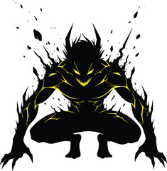 Dark demon crouching silhouette with glowing yellow cracks, evil creature illustration, monster energy burst, horror fantasy vector, villain artwork