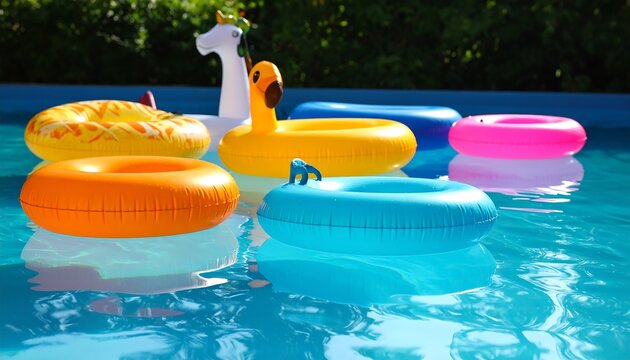 Colorful inflatable pool toys in a swimming pool (1)