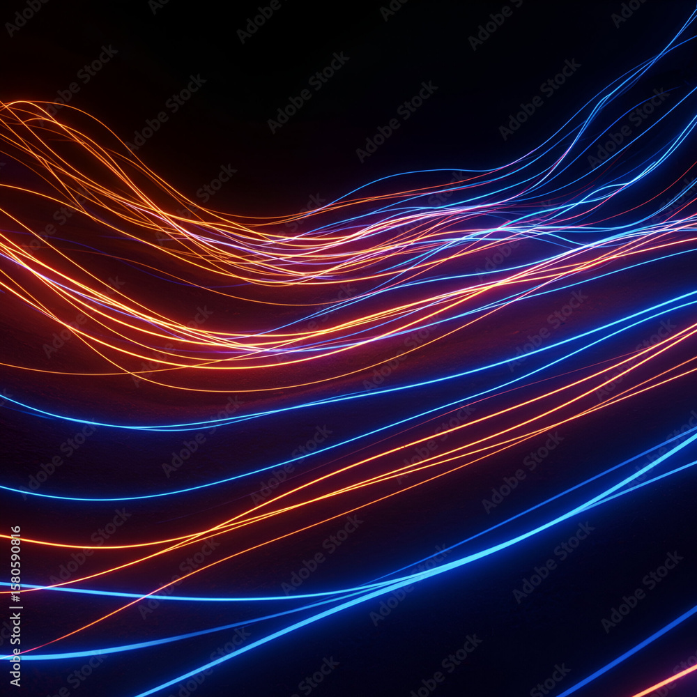 Poster abstract neon lines with dynamic wave patterns in orange and blue, in a dark background. abstract di