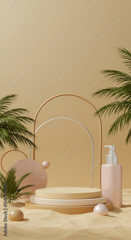 Poster empty beige podium display with tropical plants and pastel aesthetic. product display platform on a 