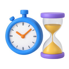 3D blue stopwatch and purple hourglass icon with golden sand, time management and countdown concept, isolated on transparent background