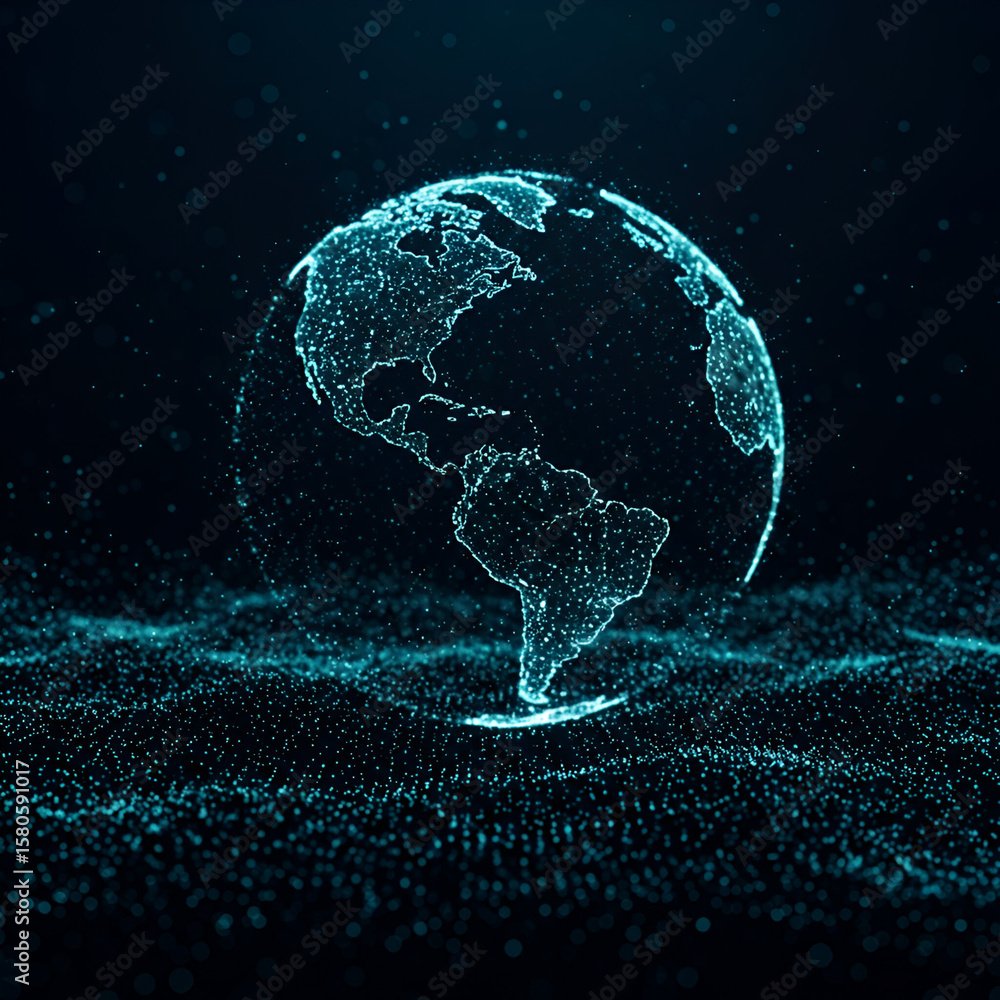 Poster global digital earth sphere in a dark background. 3d rendered representation of the continents with 