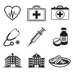 Fototapeta premium Comprehensive medical health essentials symbols and icons representing healthcare and hospital equipment in a monochrome style for medical use