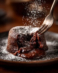 Fototapeta premium Decadent chocolate lava cake is sprinkled with powdered sugar by a fork for a delicious dessert experience.