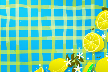 Summer lemon background banner.  Scattered lemon and lemon slices with leaves and flowers on corner. Lemon fruit patterned background banner with pouring sunlight on yellow and blue checkered pattern.
