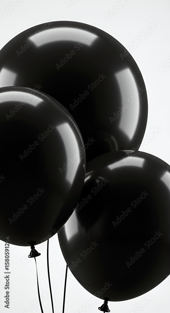 Poster glossy black balloons in various sizes on a plain white background. three inflated balloons in a gro