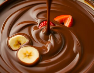 Swirl of chocolate fondue with strawberries and banana slices submerged