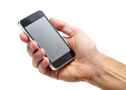A hand is holding a modern smartphone, showcasing mobile technology and digital communication isolated on transparent background