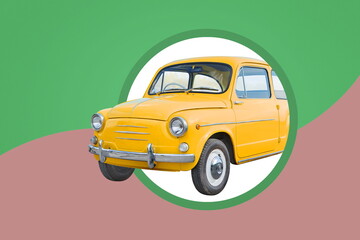 yellow retro car on green red background