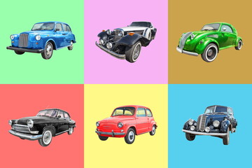 collection of six retro cars on color background