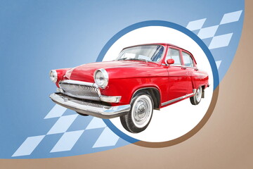 red retro car on blue beige background
