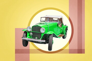 green retro car on yellow background