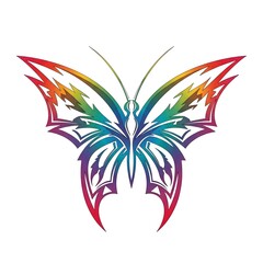 Vibrant multicolored tribal butterfly illustration featuring symmetrical flame-style wings on a clean white background, ideal for tattoos, digital art, decor, or logo design